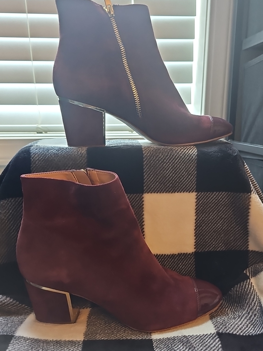 Calvin Klein Burgundy Suede Ankle Booties with Gold Zip